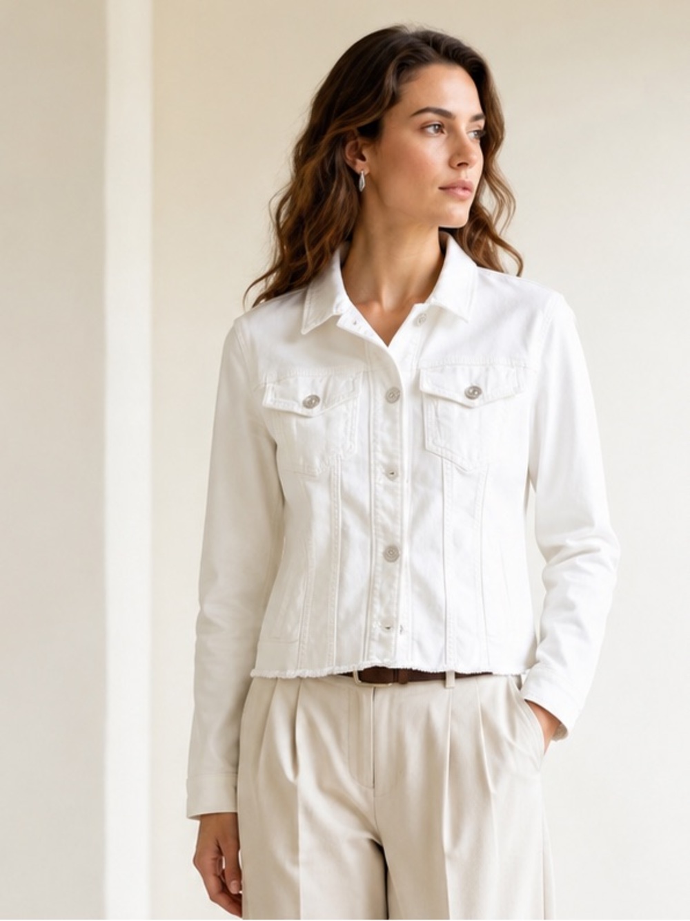Marc Cain NWT White Denim Jacket Raw Hem Embroidered Pockets Sz 1 US Sz S